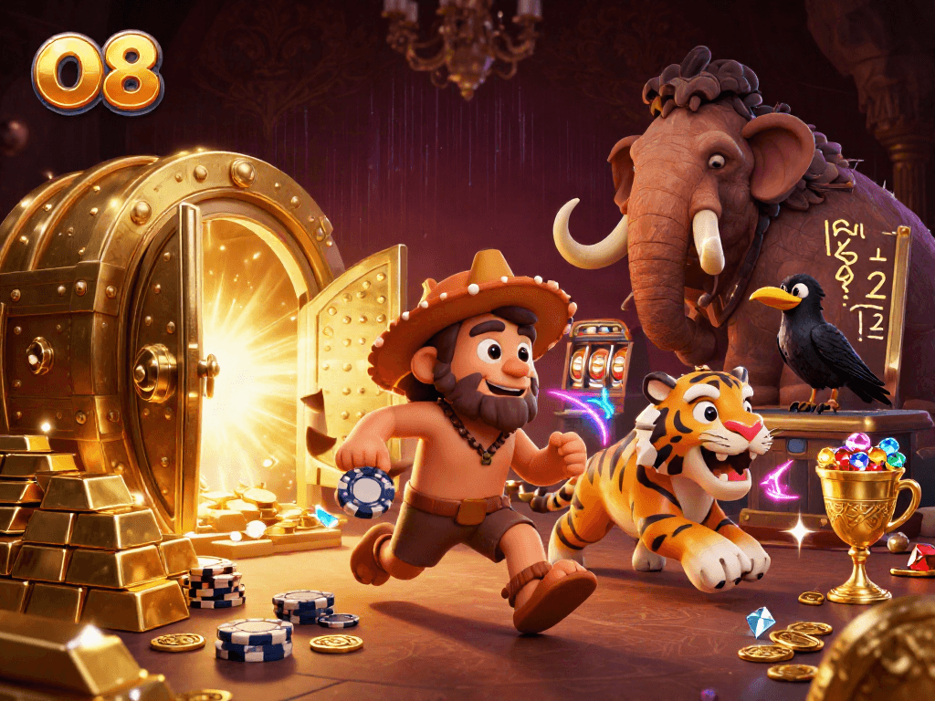 Engage with O8's thrilling prehistoric casino adventure featuring unique characters and vibrant elements.