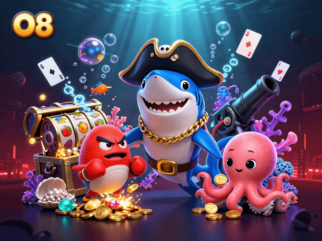Play slots with O8 in a vibrant underwater scene featuring unique characters and casino elements.