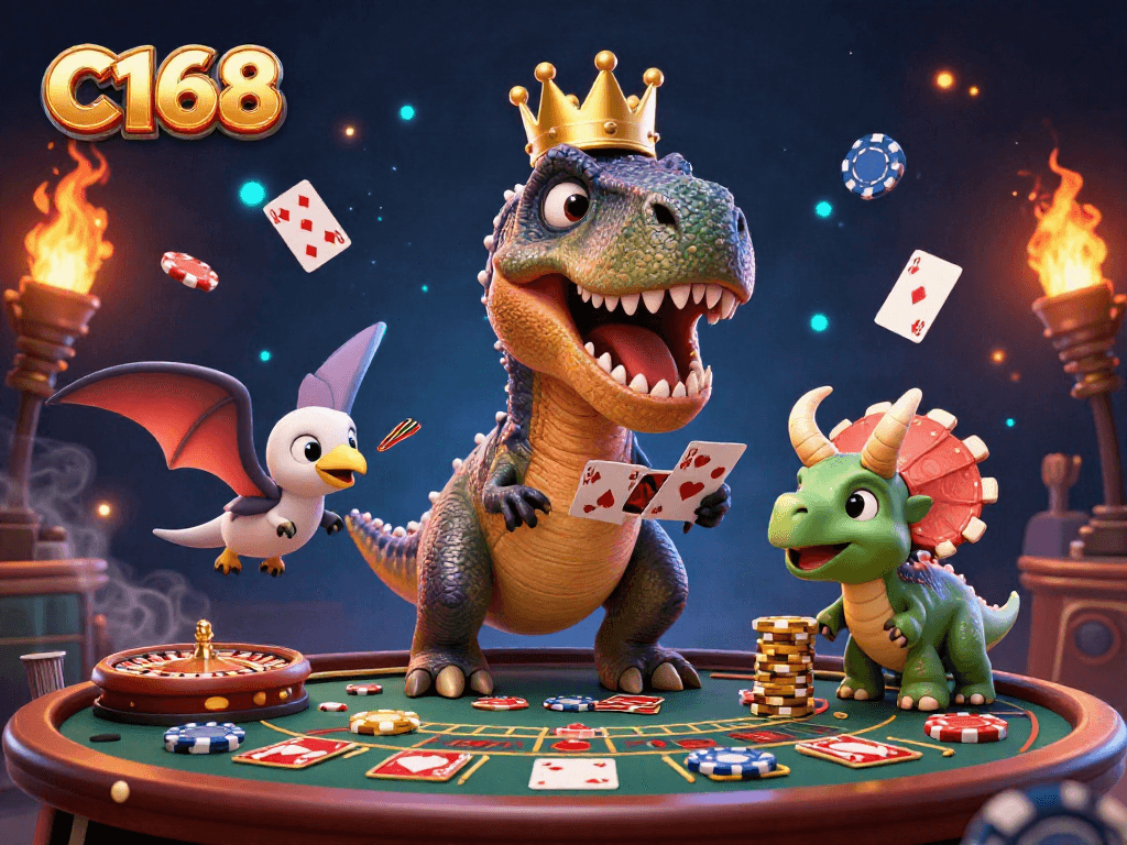 C168 Live Casino Illustration: A T-Rex shuffles cards with help, depicting engaging casino action.