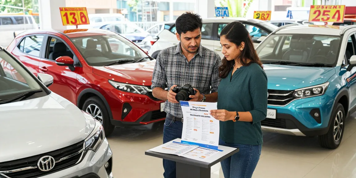 On Road Price in Ahmedabad comparison at an auto dealership, couple exploring various vehicles.
