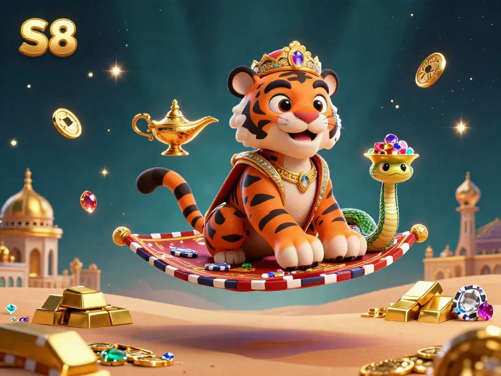 Experience winning opportunities at S8 with a lively 3D illustration featuring an Arabian Nights-themed tiger sultan and treasures.