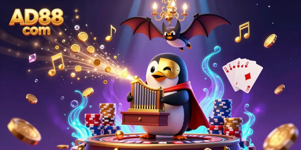 Experience the thrill of gaming with AD88 com as a penguin organist plays for a vibrant casino scene.