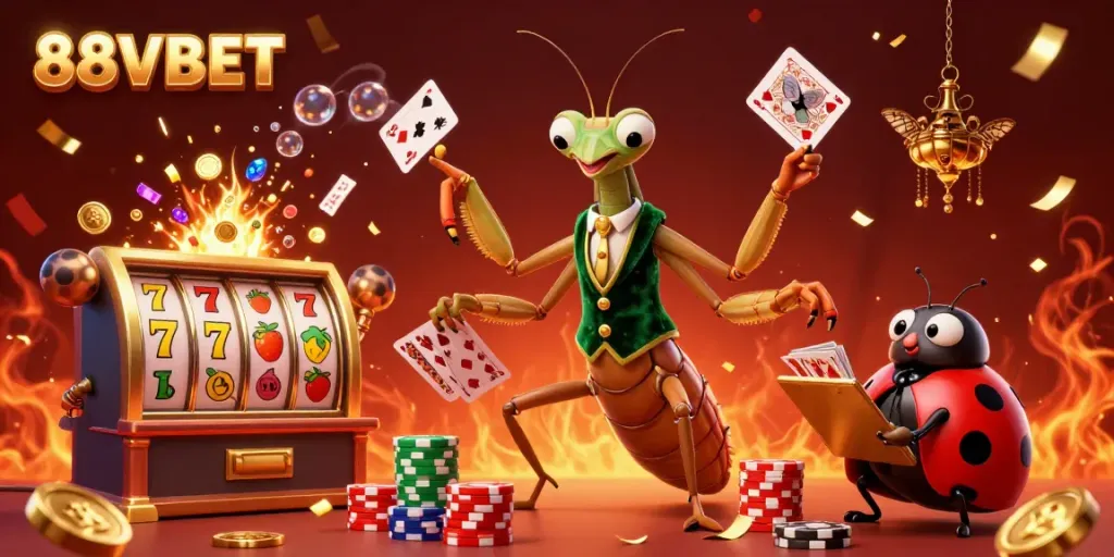 Engage with thrilling gameplay at 88VBET, where a giant praying mantis card sharp interacts in a vibrant casino scene.