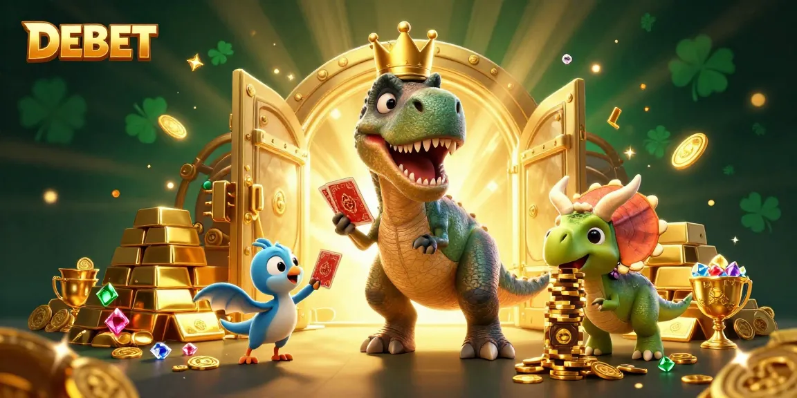 DEBET showcases a T-Rex and friends in an exciting casino scene filled with riches and gaming
