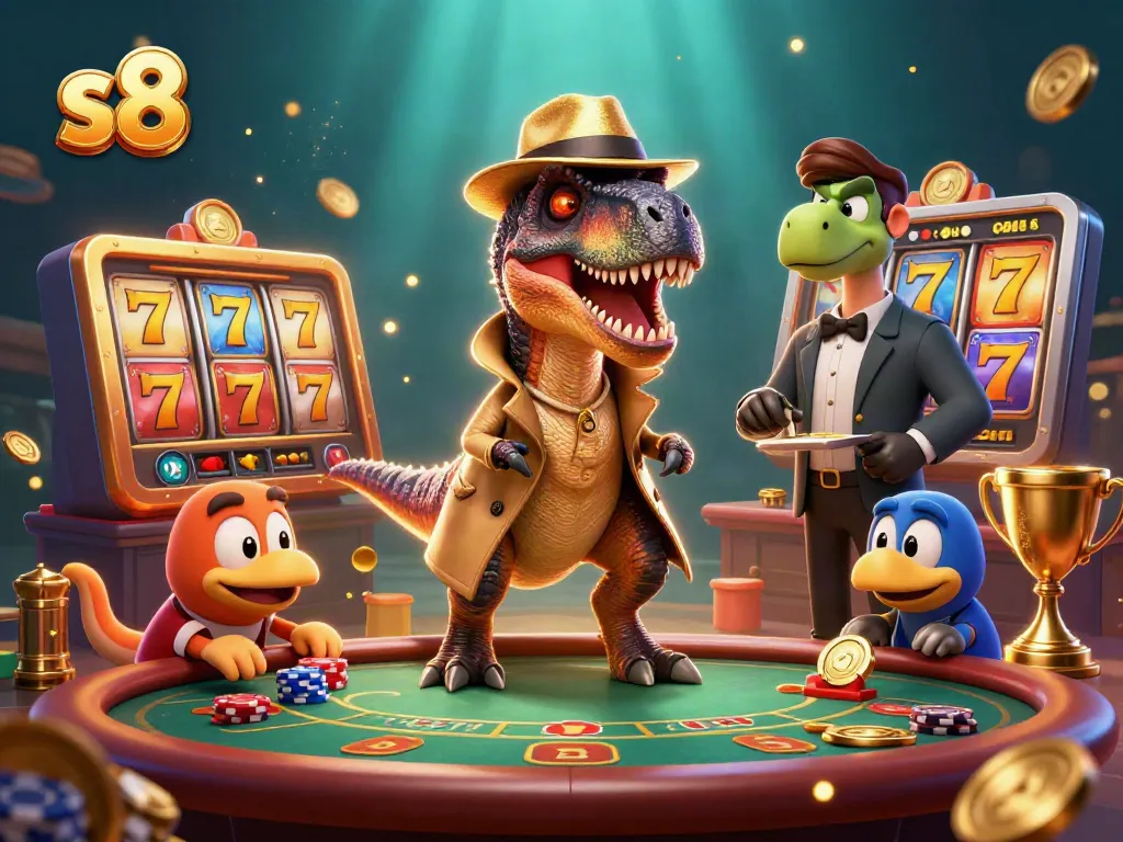 S8 enhances fun with a velociraptor counter and a stegosaurus pit boss at a vibrant casino table.