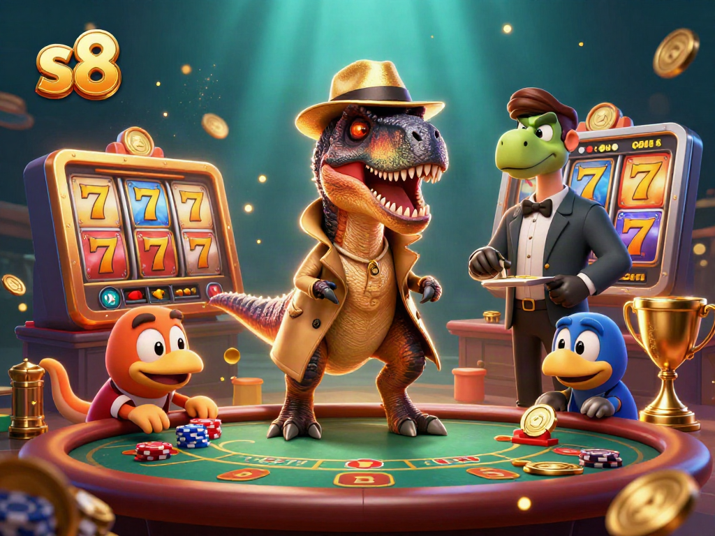S8 enhances fun with a velociraptor counter and a stegosaurus pit boss at a vibrant casino table.