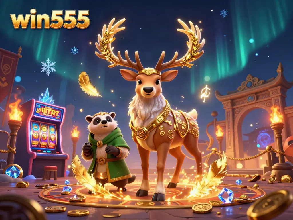 Experience thrilling casino gameplay at win555 with a vibrant 3D illustration showcasing dynamic elements and characters.