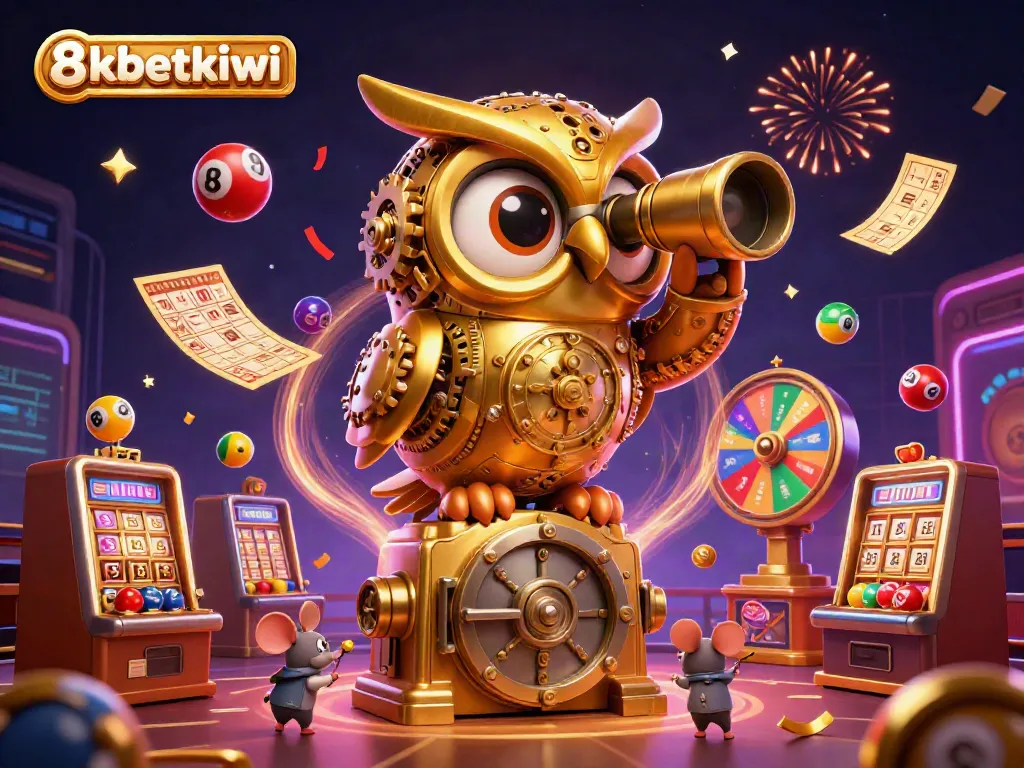 Experience 8xbetkiwi's vibrant casino scene with a giant golden clockwork owl and energetic gameplay elements.
