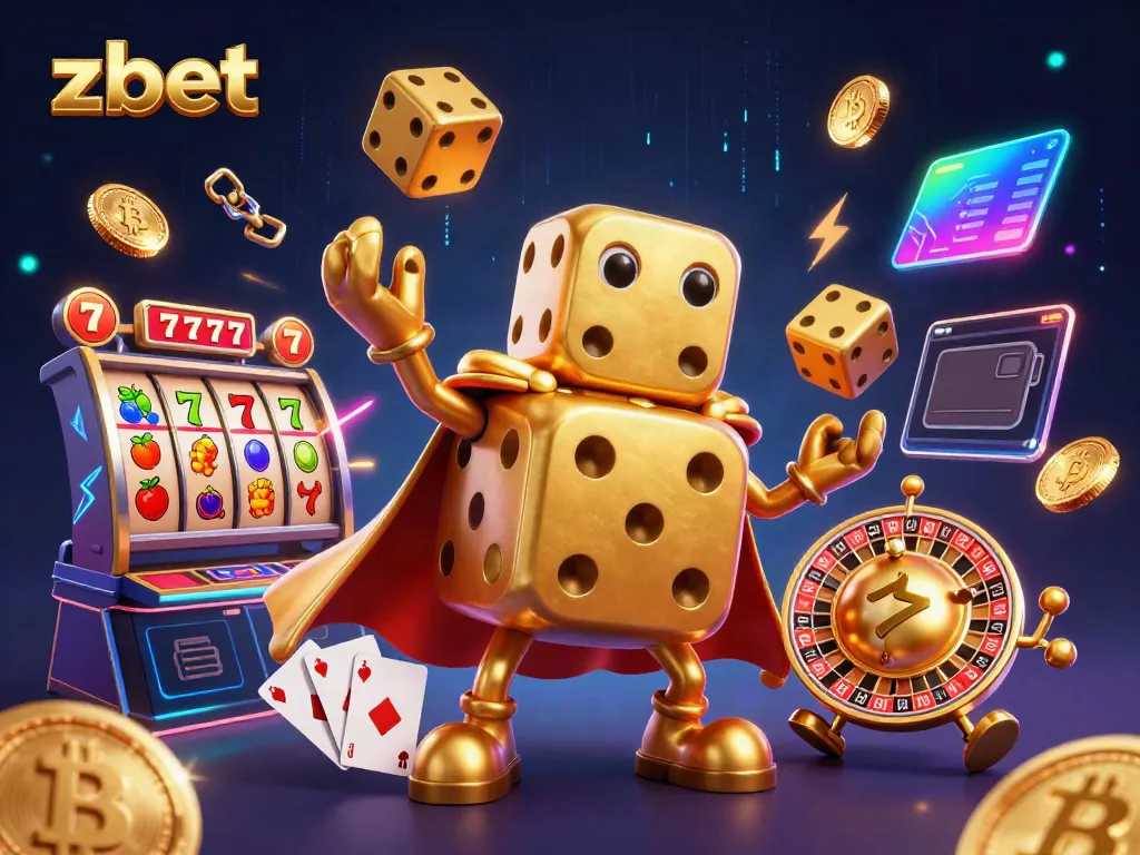 Experience thrilling gaming action with zbet's vibrant 3D illustration showcasing a playful dice golem managing jackpot symbols.