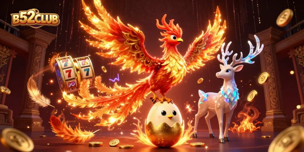 Engage with thrilling games at B52CLUB, featuring slot reels and a mystical atmosphere.