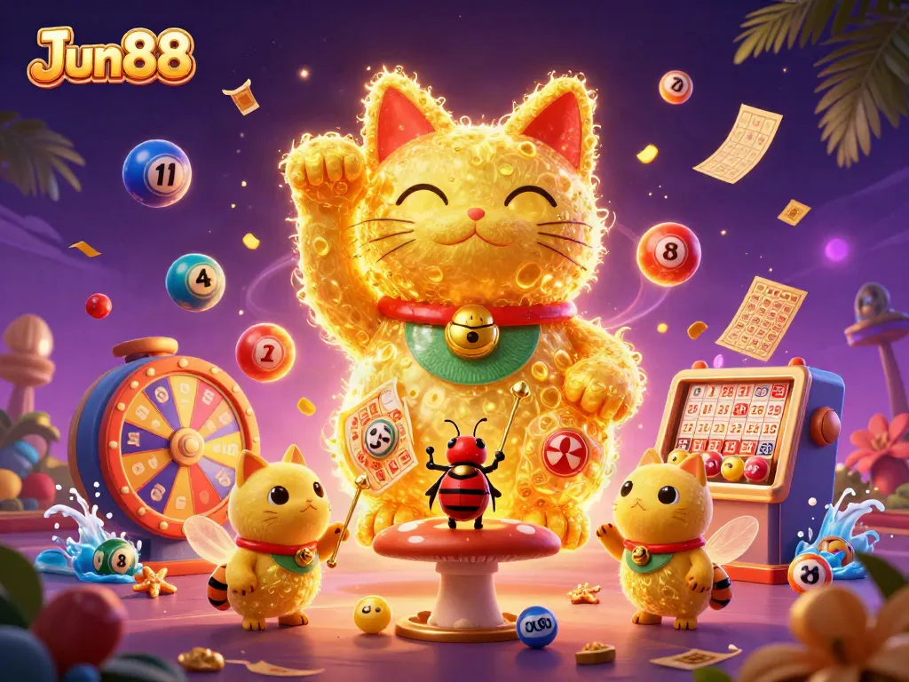 Engage with Jun88's vibrant casino experience featuring a lucky cat and dynamic elements.