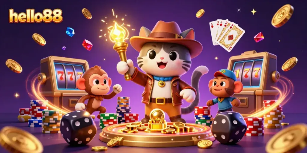Cascade golden coins and playing cards represent hello88 casino winning strategies.