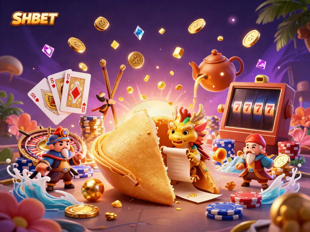 SHBET promotional illustration featuring golden fortune cookie, wise dragon, and vibrant casino elements.