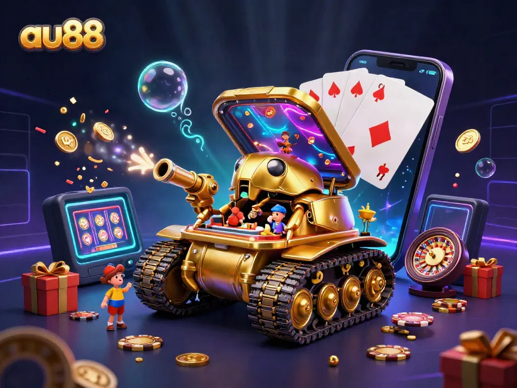 Experience exhilarating gaming with au88 featuring a cartoon golden beetle tank bursting with casino elements.