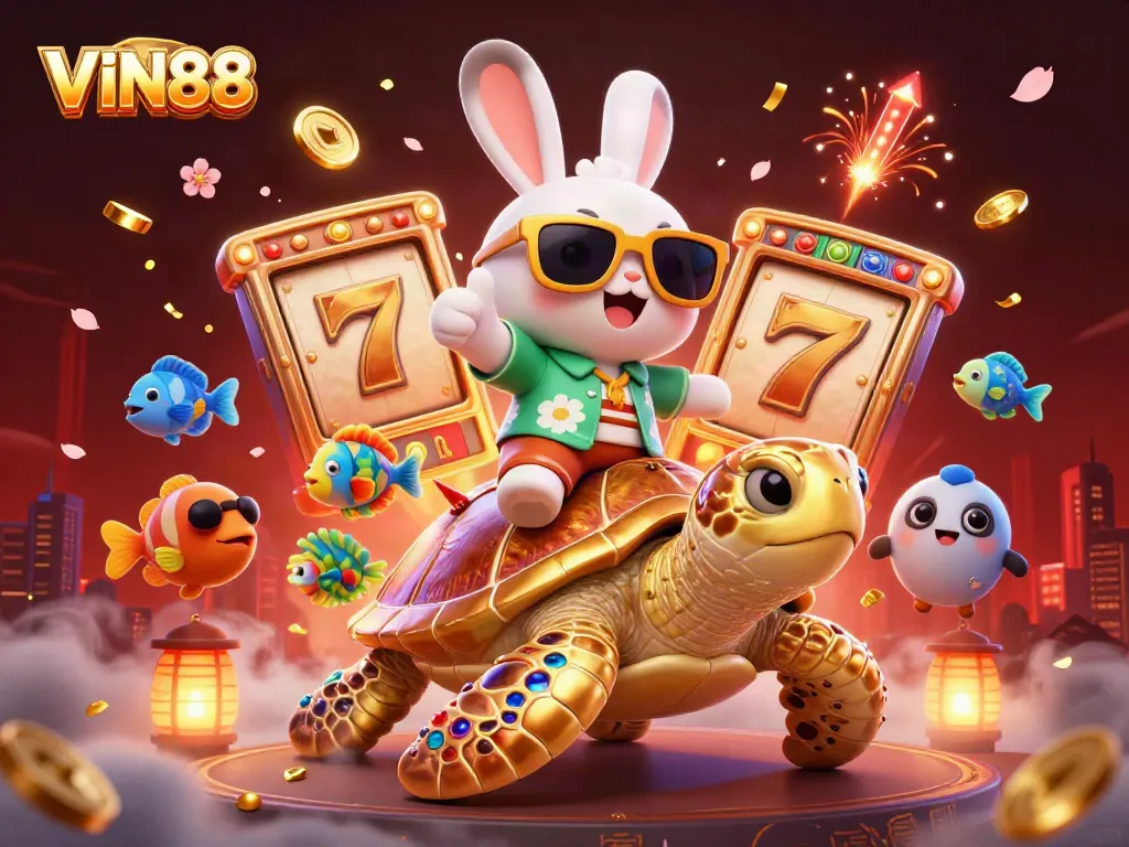 Engage in thrilling gameplay at VIN88 with exciting slot reels and animated characters.