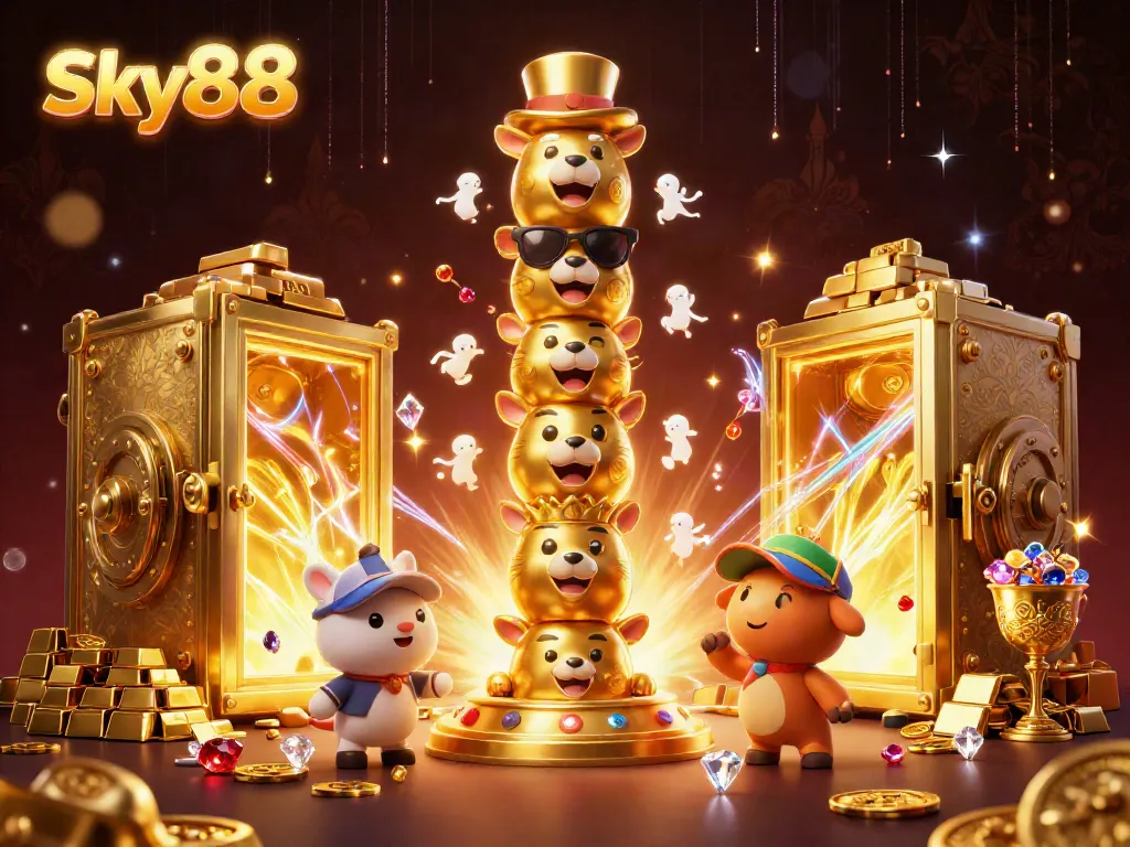 Experience the excitement of Sky88 with this dynamic 3D casino illustration showcasing vibrant casino elements and a golden totem