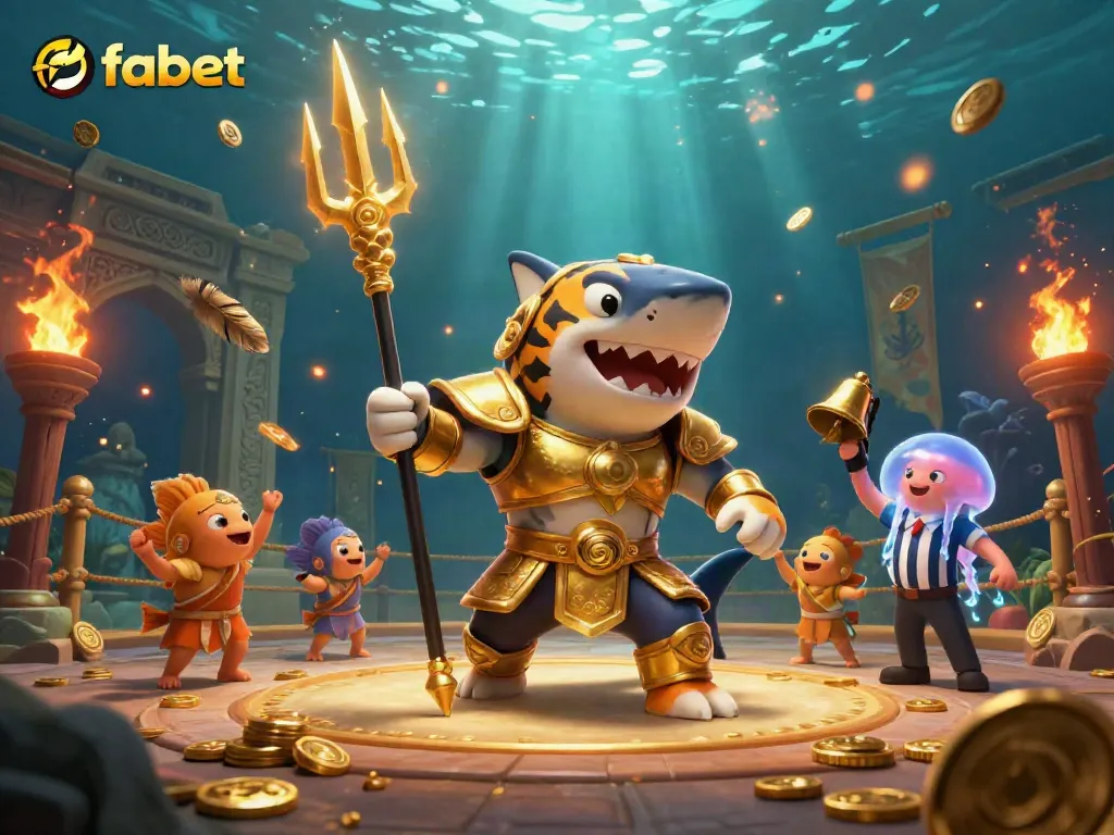 Bet with fabet in a dynamic underwater colosseum featuring a shark and cheering fish.