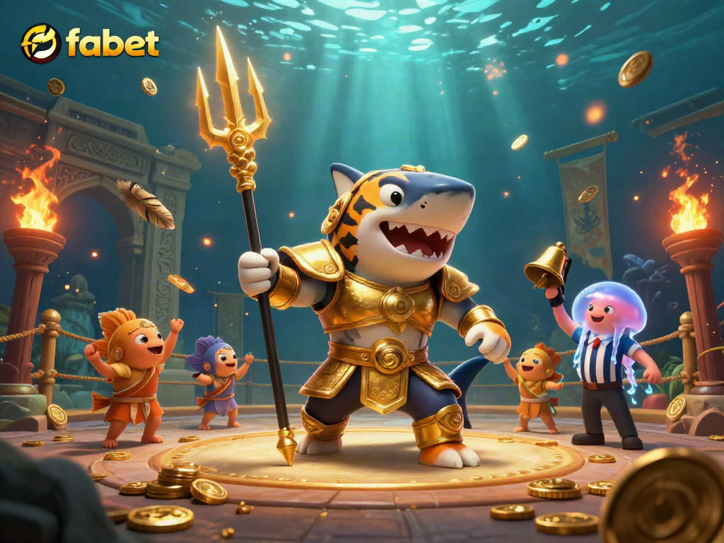 Bet with fabet in a dynamic underwater colosseum featuring a shark and cheering fish.