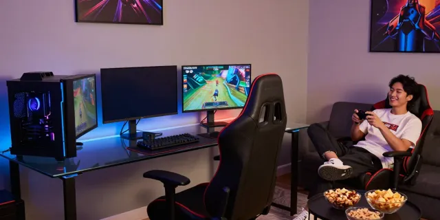 Engaging gaming setup showcasing rokok88 features in a modern lounge.