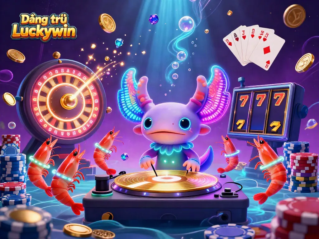 Engage in the thrilling atmosphere of Đăng ký Luckywin with a vibrant 3D casino scene featuring colorful characters and dynamic game elements.