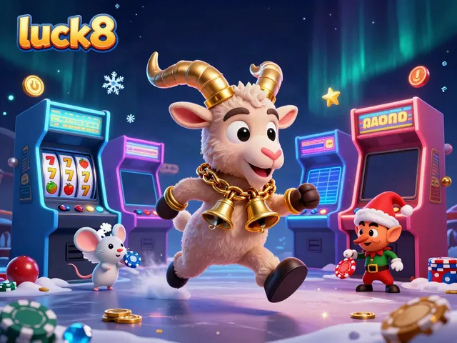 Experience the luck8 casino chaos with Krampus, angel mouse, and elf gremlins amidst vibrant slot reels.