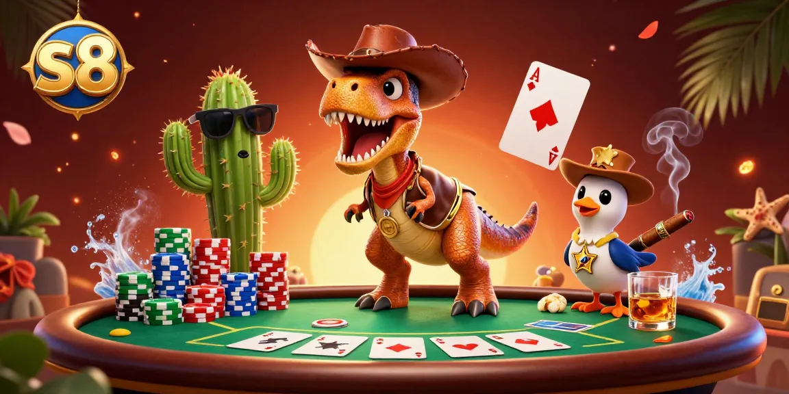 Experience thrilling poker action with s8 featuring a dino cowboy and friends.