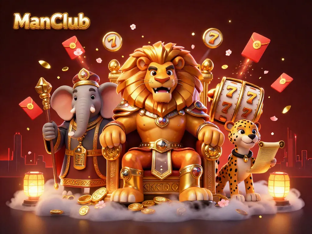 ManClub casino featuring a royal lion king, elephant advisor, and cheetah messenger celebrating slot victories.