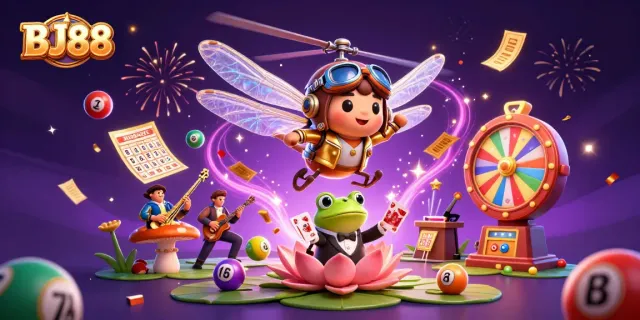 BJ88 entertains players with vibrant casino action featuring a dragonfly pilot, frog dealer, and lively music
