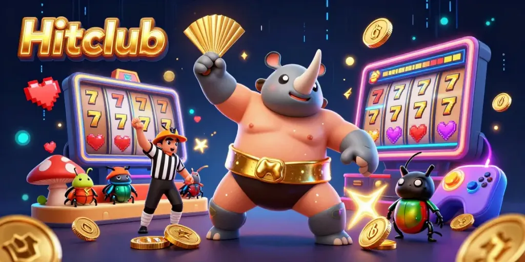Experience winning at Hitclub with 3D cartoon characters in a vibrant casino scene filled with jackpots and excitement.