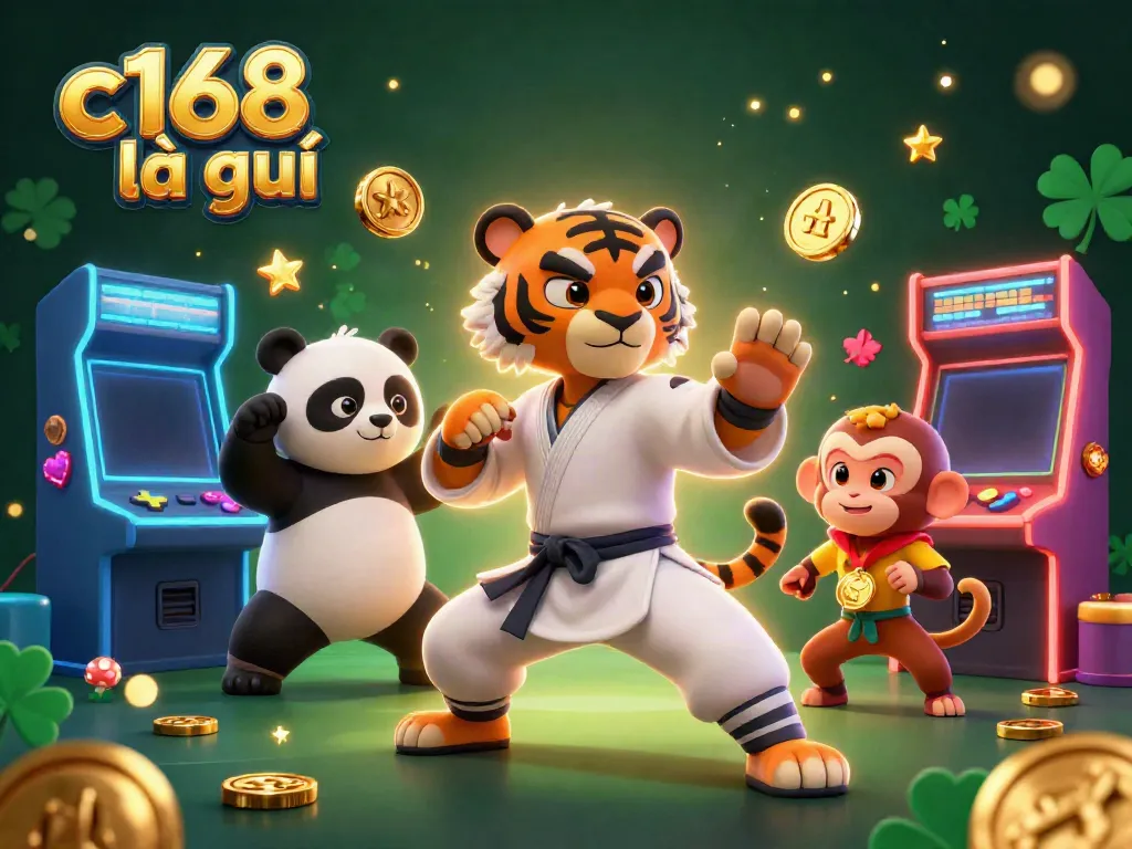 Experience the excitement of gambling with C168 là gì, as our kung fu tiger master shows off his skills in a vibrant casino scene.