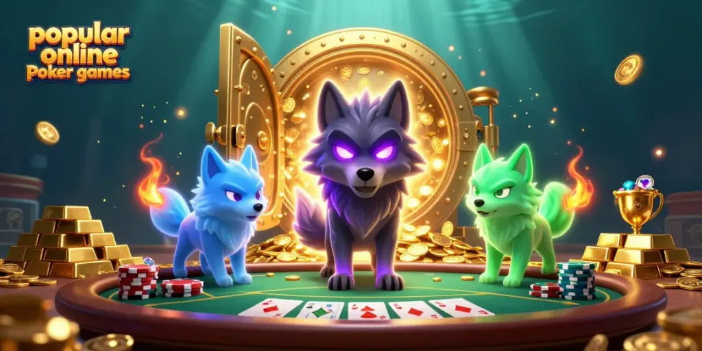 Experience popular online poker games with a shadow wolf leader and poker elements in a vibrant setting.