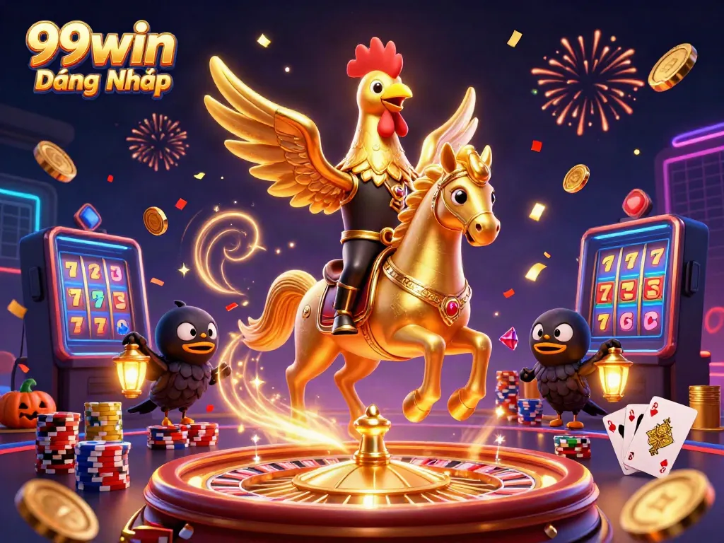 Win with exciting 99win Đăng Nhập gameplay featuring a rooster riding through a casino.