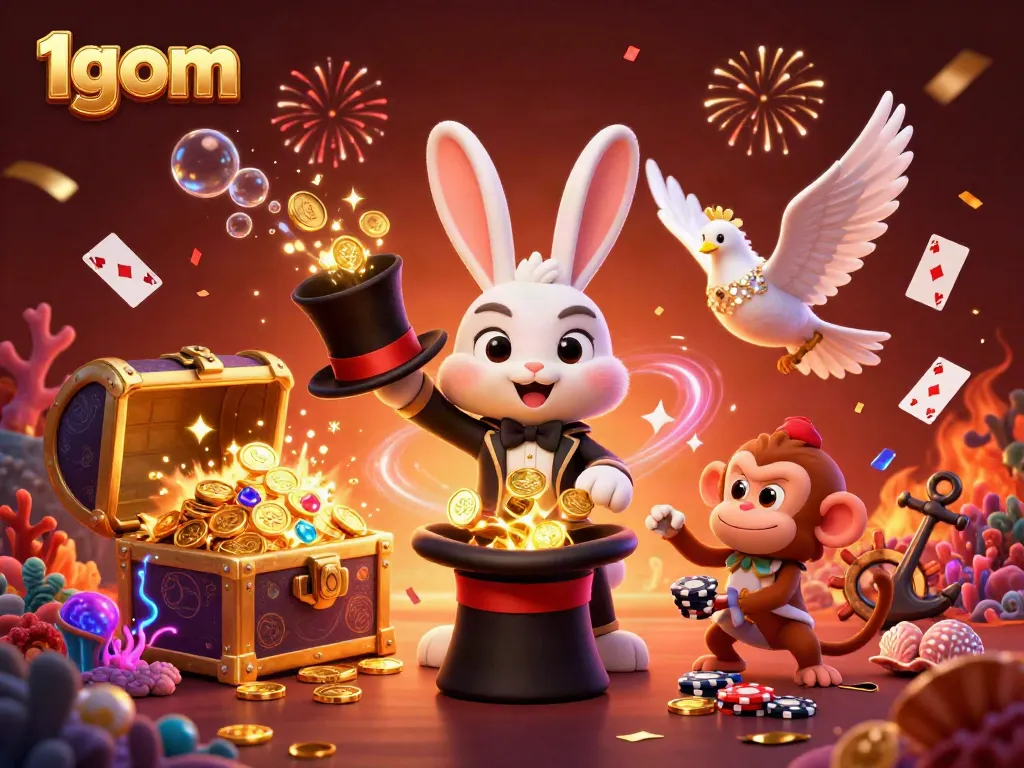 Experience the magic of 1gom with a cartoon rabbit and vibrant casino elements.