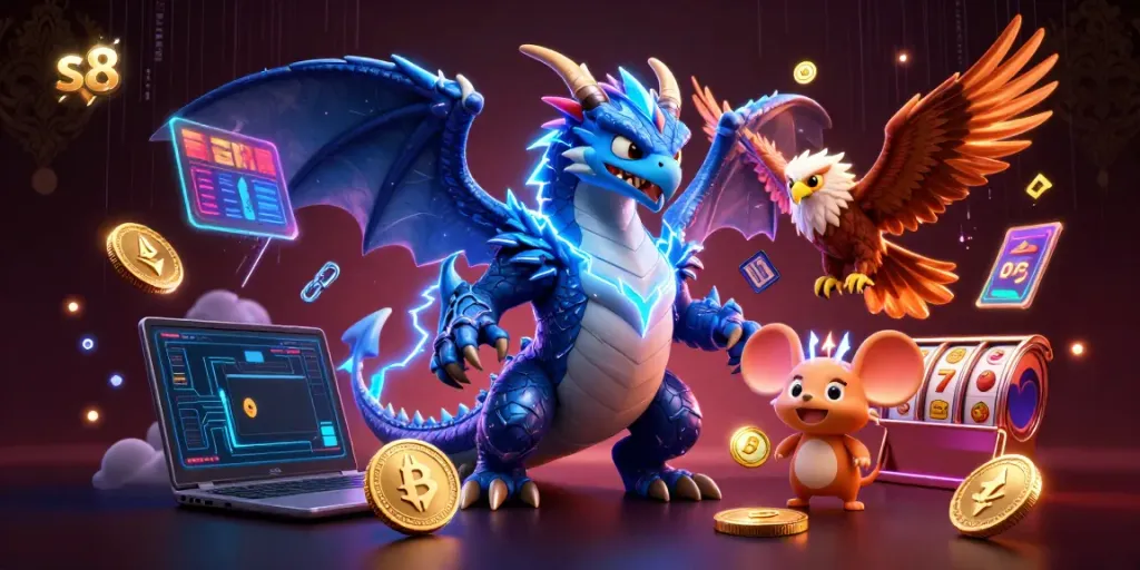 Engage with s8's thrilling slot game visuals featuring electric dragon and cryptocurrency elements.