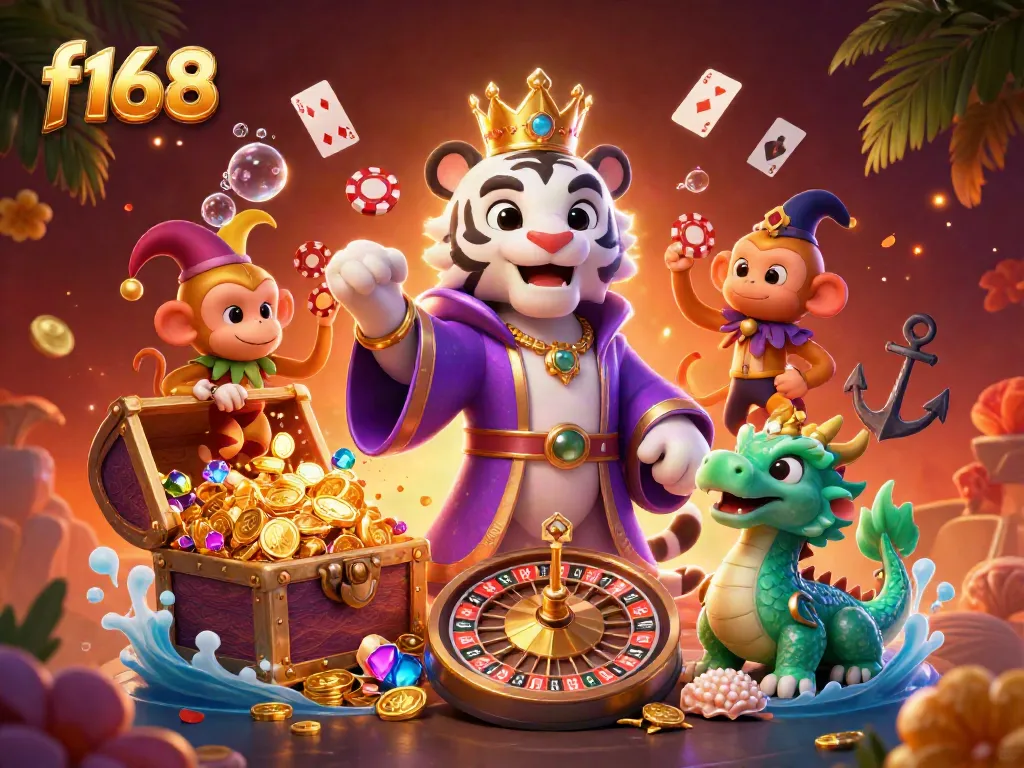 Experience the vibrant f168 casino world with a lively tiger, monkey, and dragon amidst interactive gaming elements.
