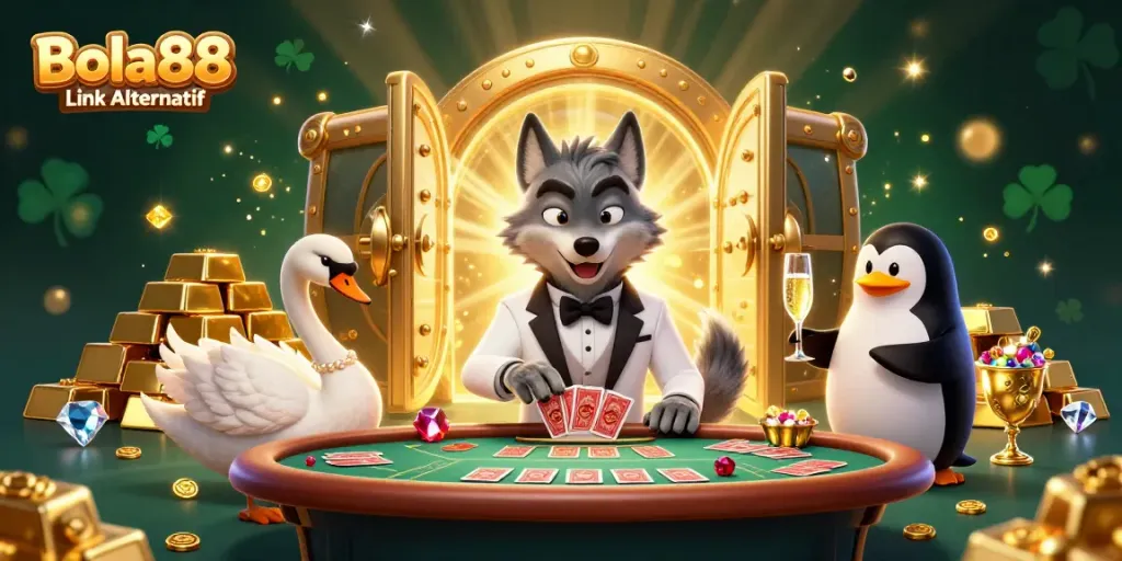 Engage with the vibrant world of gambling at Bola88 Link Alternatif featuring a debonair wolf and elegant swan.