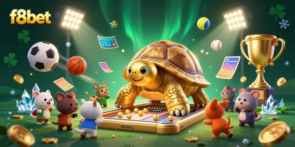 Exciting f8bet gaming experience with a golden tortoise pinball machine and dynamic sports elements.