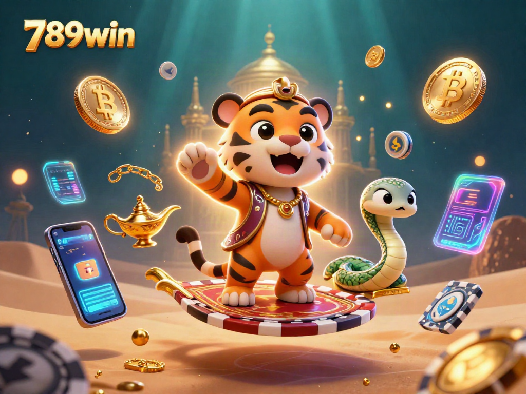 Engage with the excitement of 789win through this dynamic casino illustration featuring Arabian-themed characters.