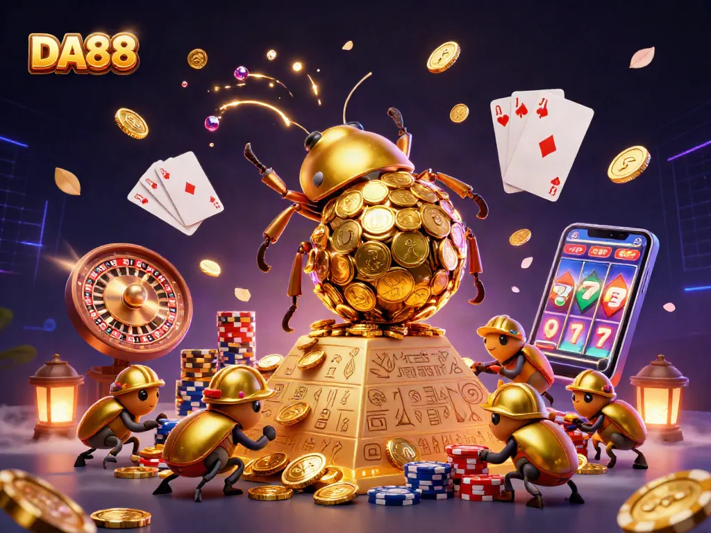 Experience thrills with DA88, as golden coins cascade around a giant beetle in a lively casino illustration.