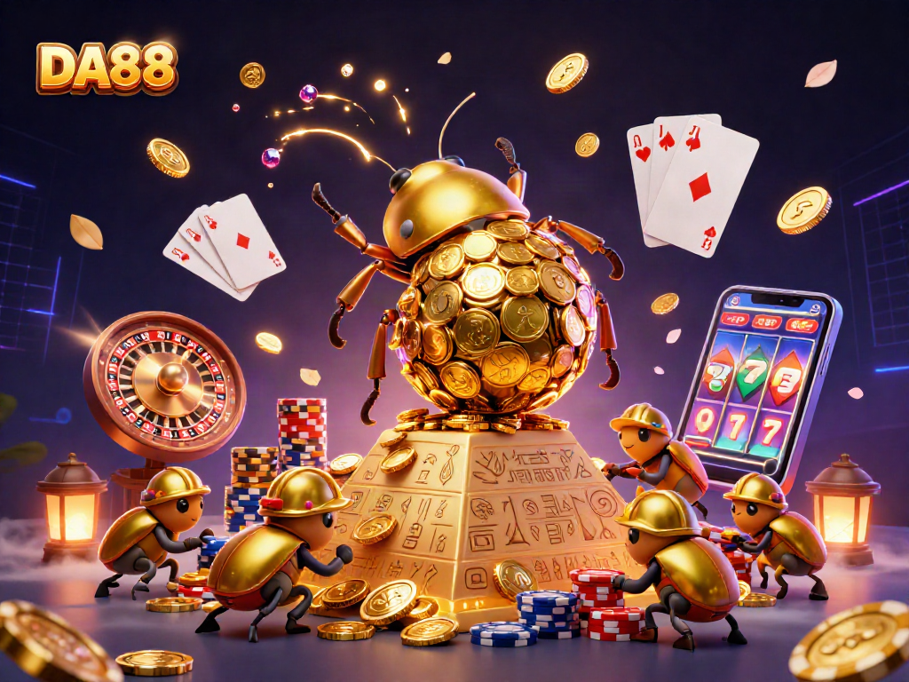 Experience thrills with DA88, as golden coins cascade around a giant beetle in a lively casino illustration.