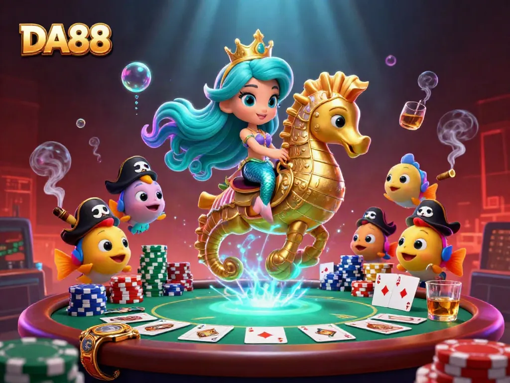 Engage in thrilling adventures at DA88 with vibrant casino elements and captivating underwater characters.