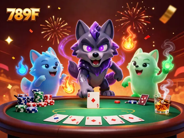 Players engage with 789F at a vibrant casino scene featuring poker elements and animated wolf characters.