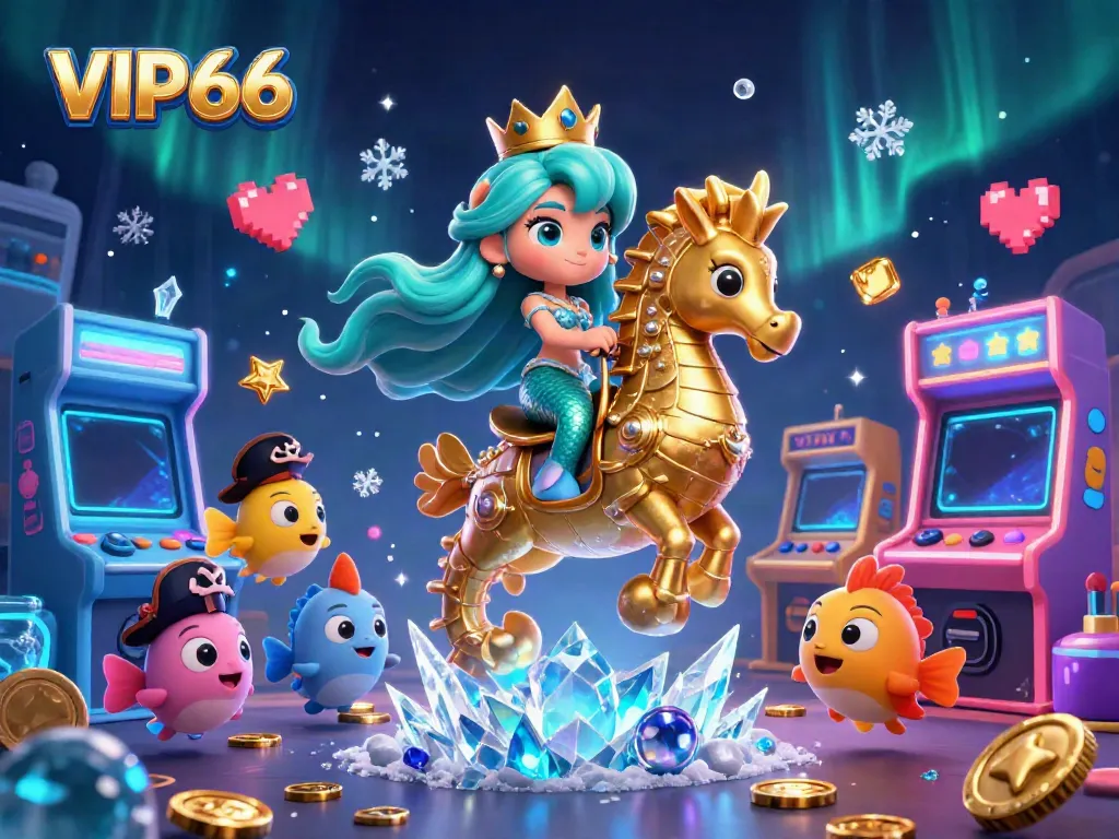 Experience the vibrant underwater world of VIP66 with a captivating mermaid surrounded by playful characters, evoking a sense of excitement and fun.