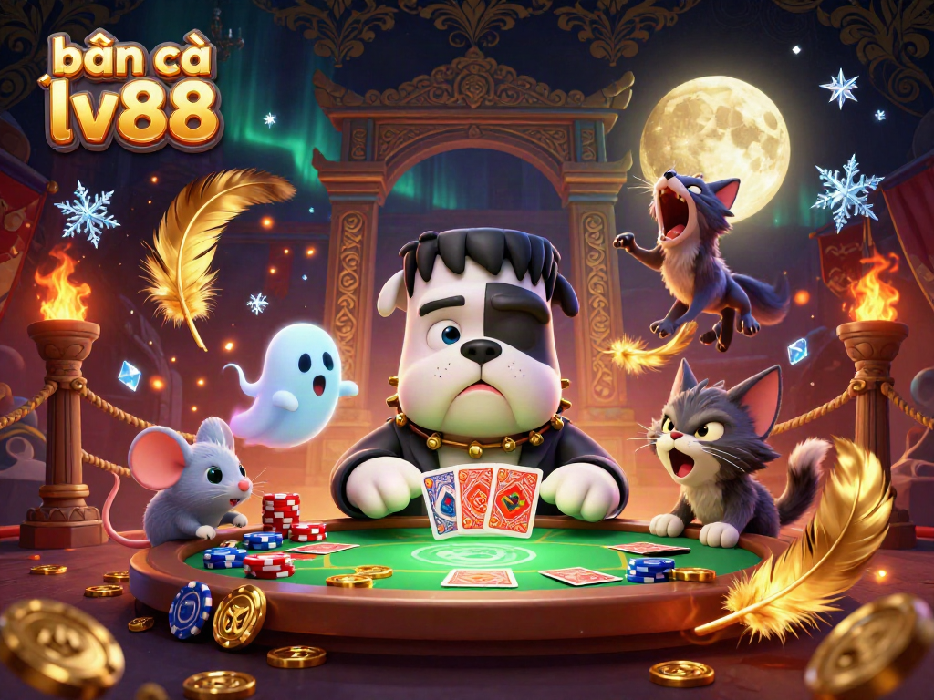 Engage in thrilling bắn cá lv88 experiences featuring an animated bulldog dealer and vibrant casino elements.