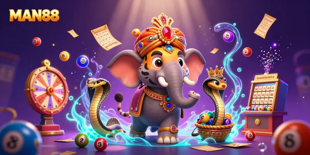 Engage with MAN88’s dynamic casino experience featuring a maharaja tiger, golden tickets, and colorful lottery balls.