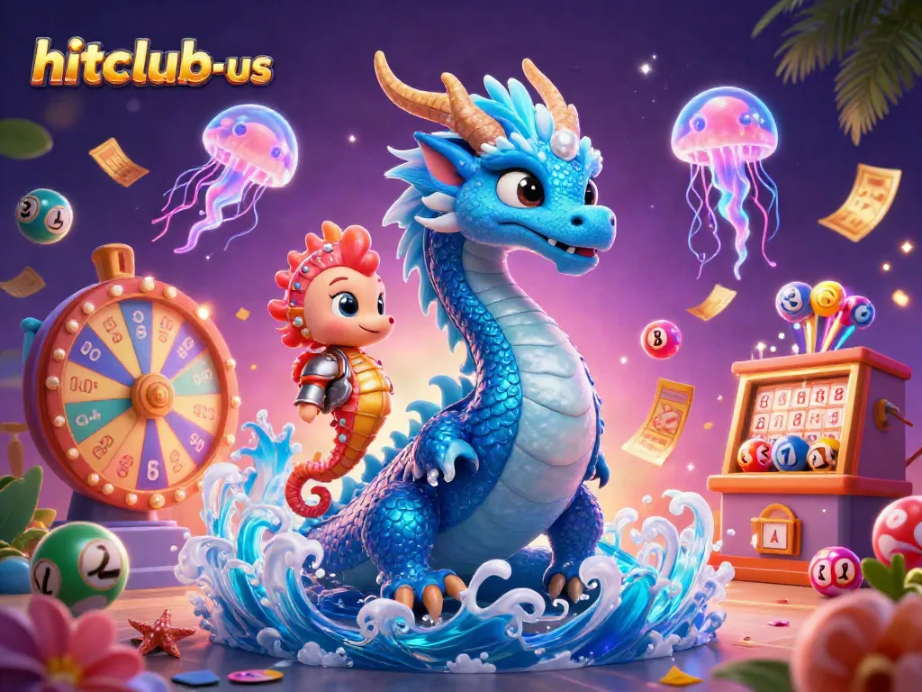Experience the thrill at hitclub-us with an exciting 3D illustration featuring a majestic dragon and colorful game elements.