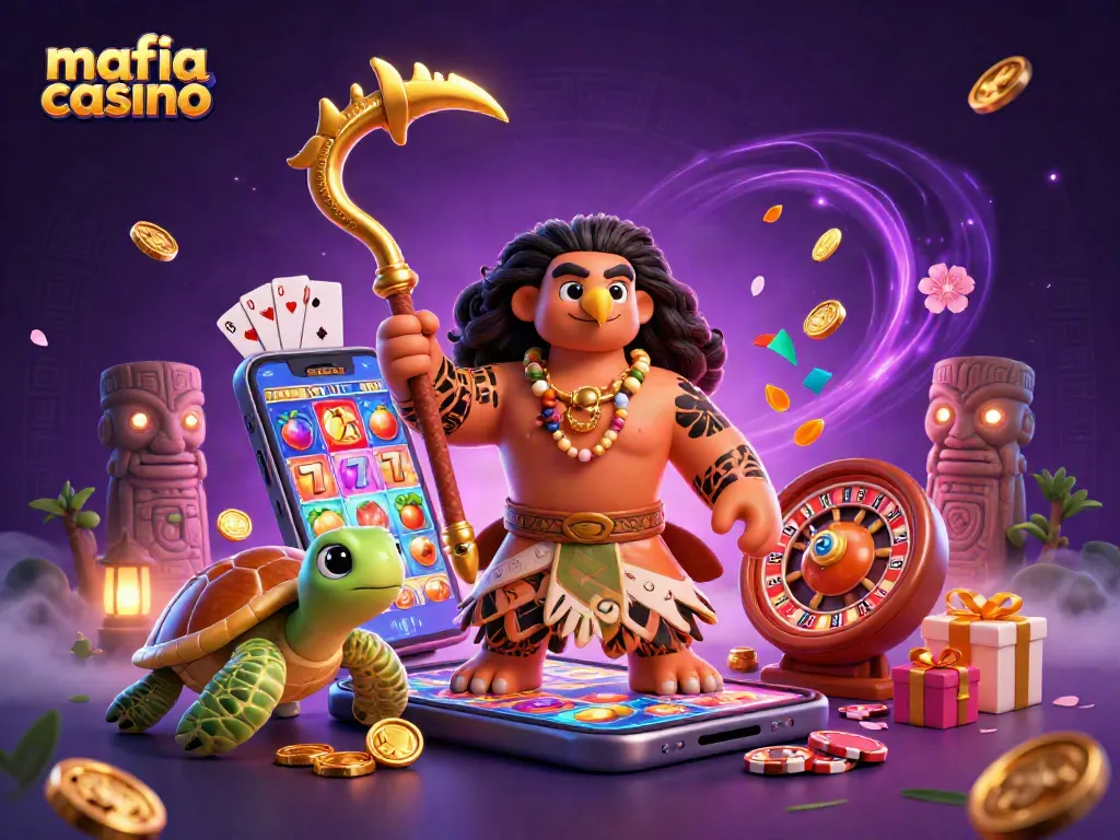 Mafia casino-themed 3D illustration showcasing a tribal demigod and turtle surrounded by vibrant gaming symbols.