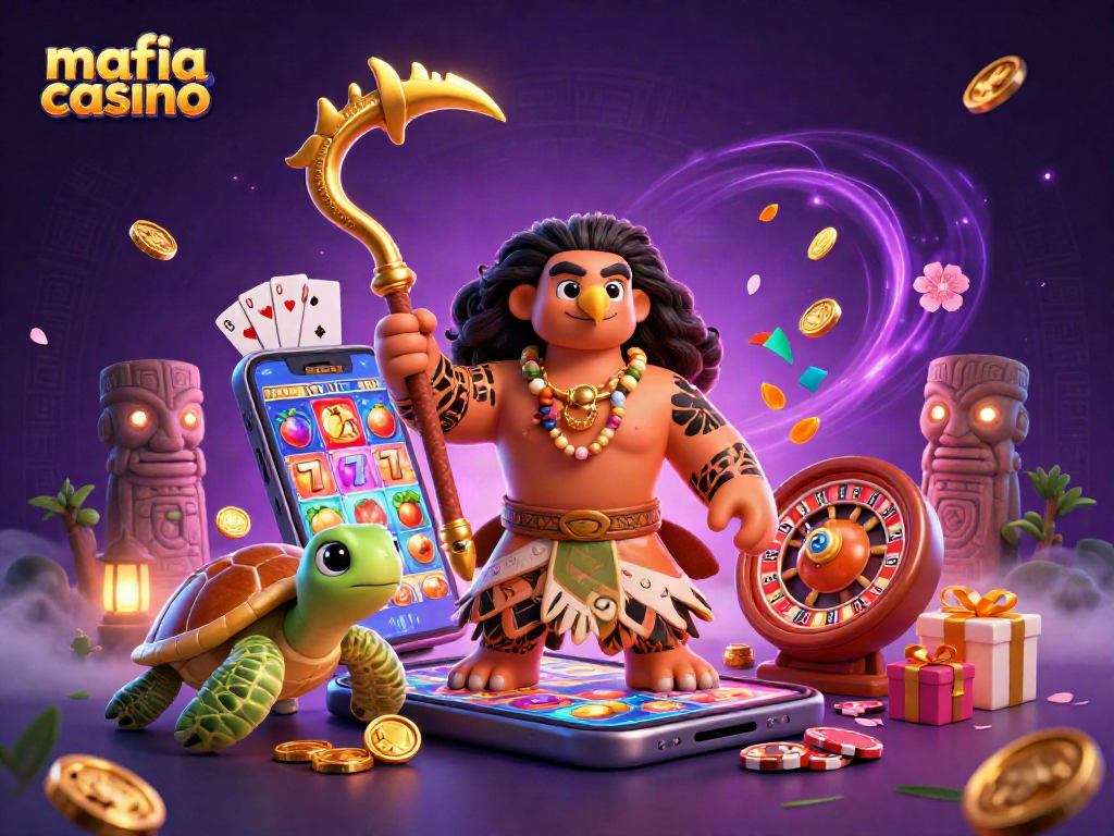 Mafia casino-themed 3D illustration showcasing a tribal demigod and turtle surrounded by vibrant gaming symbols.