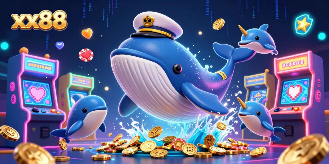xx88 Casino's vibrant scene with a whale captain and playful dolphins amidst coins and arcade games.