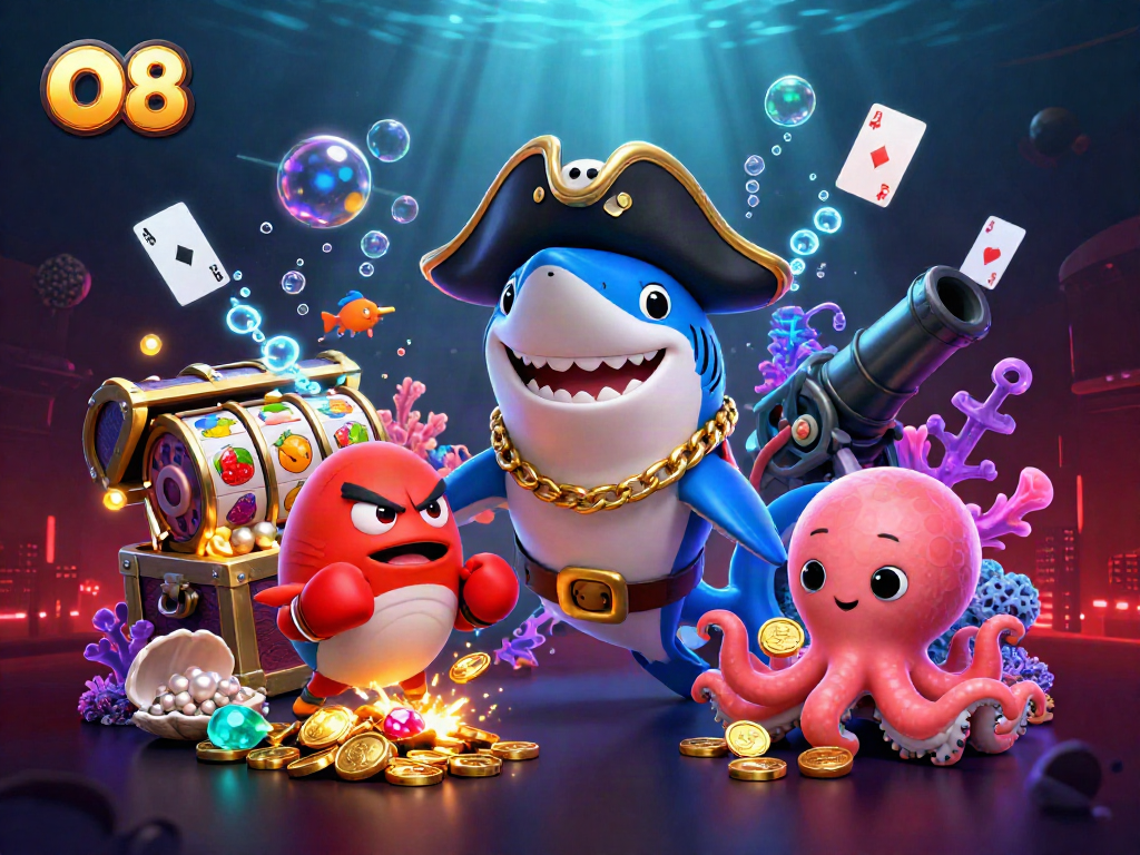 Play slots with O8 in a vibrant underwater scene featuring unique characters and casino elements.